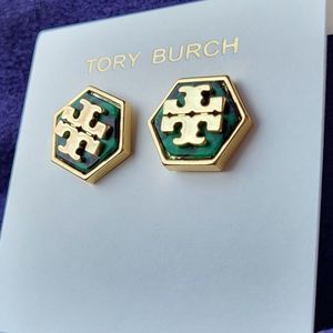 Tory  Burch Hexagonal Studs In Semi Precious Green Stone